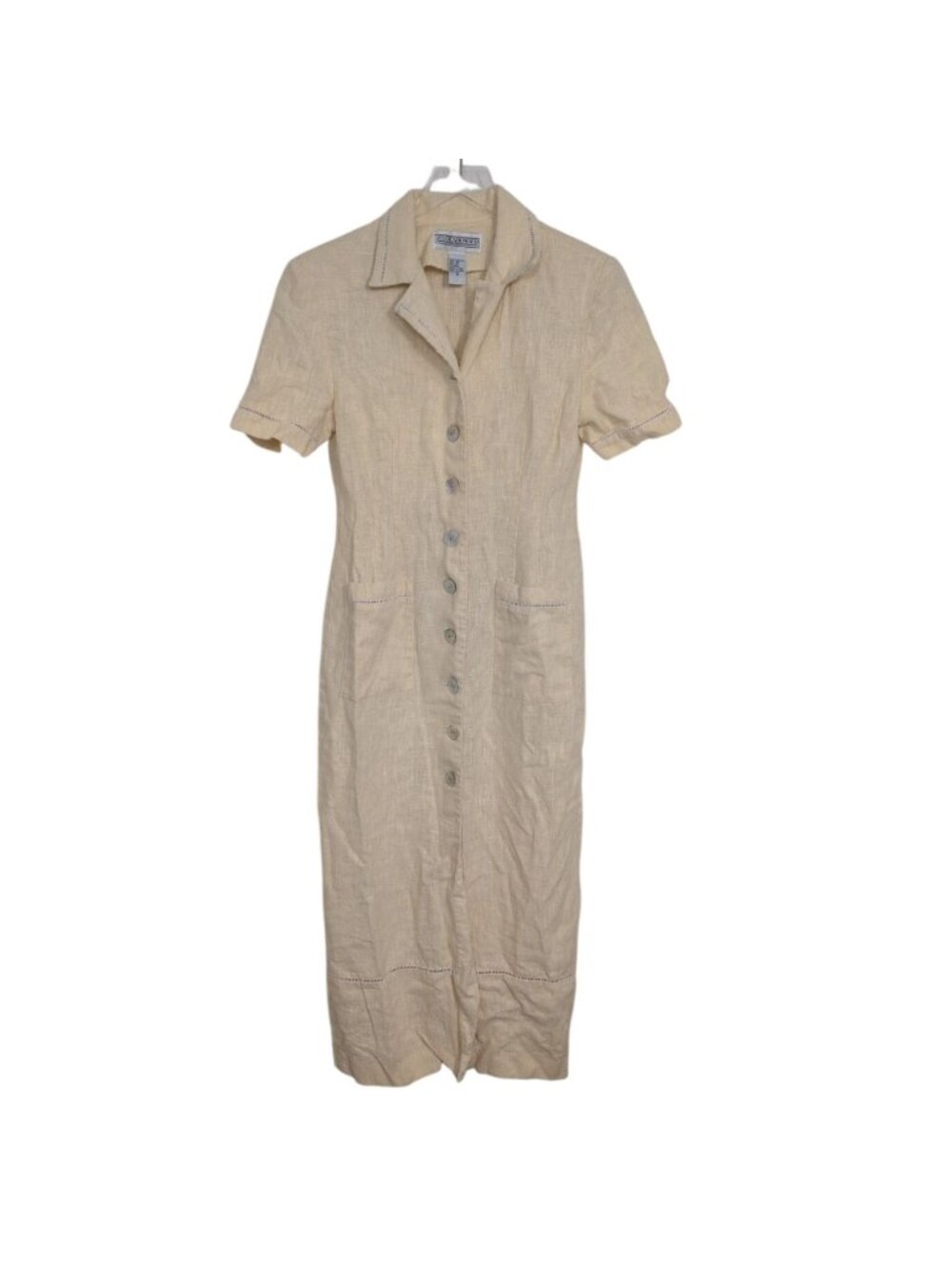Vintage 100% Linen Midi Shirt Dress Womens Size Medium Yellow Minimalist Cottage - Picture 2 of 14